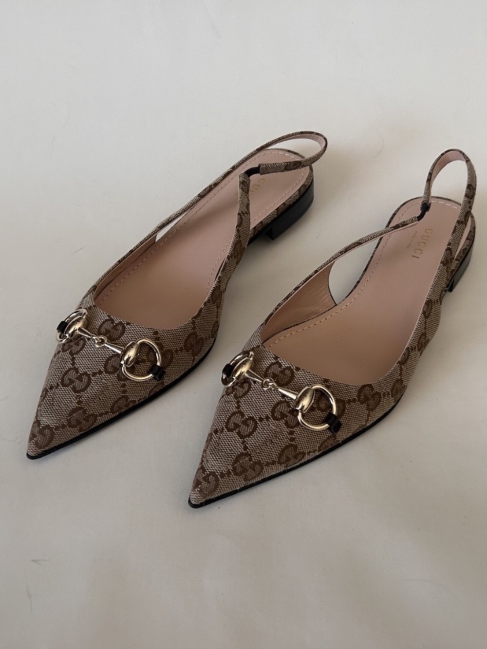 Gucci Beige Brown GG Canvas Pointed Toe Slingback Flats - Picture 3 of 8